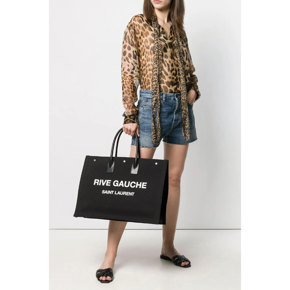 $1990 NEW YSL Saint Laurent LARGE Rive Gauche Black Summer Linen Tote Beach Bag - Picture 3 of 12